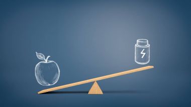 Bir yıldırım cıvata işareti ile bir plastik konteyner çizimi overweighting bir elma bir çizim ile ahşap bir tahterevalli.
