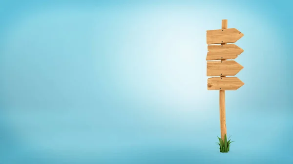 3d renderização de um poste de madeira com alguma grama em sua base e quatro setas em branco no topo . — Fotografia de Stock