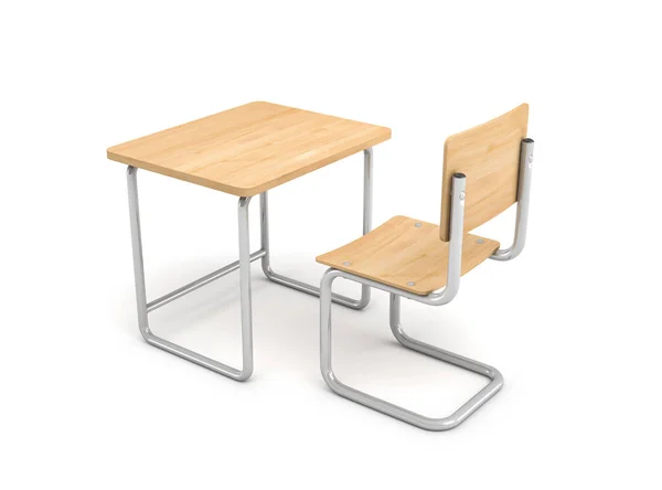 3d representación de un escritorio de la escuela y la silla, ambos están hechos de hierro y madera clara aislada sobre fondo blanco . —  Fotos de Stock