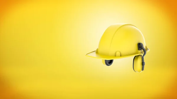 3d rendering of a new yellow construction hard hat with ear muffs attached on yellow background. — Stock Photo, Image