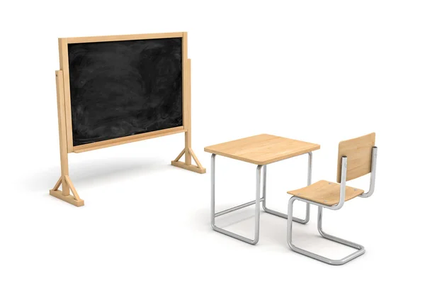 Representación 3d de un nuevo escritorio escolar de madera y una silla delante de una pizarra en blanco en un soporte de madera . — Foto de Stock