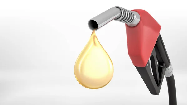 3d rendering of a large red gas nozzle in close view with a bright yellow oil drop falling out of it. — Stock Photo, Image