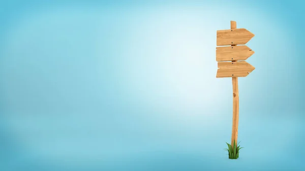 3d візуалізація дерев'яного стовпа з травою на його основі і трьома порожніми стрілками зверху . — стокове фото