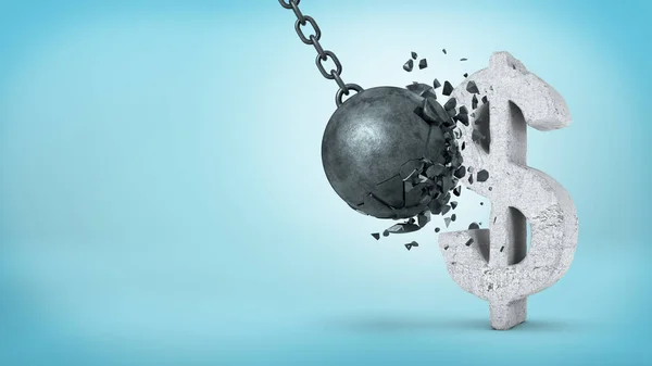 3D rendering του ένα μεγάλο Ναυαγίων μπάλα να χτυπήσει ένα χειροπιαστό σημάδι Usd και ανίκανος να το σπάσει σε μπλε φόντο. — Φωτογραφία Αρχείου