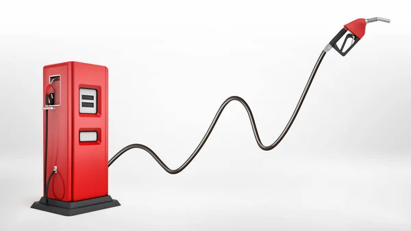 3d rendering of a bright red fuel pump in side view on white background with a large nozzle attached to it white pointing upwards. — Stock Photo, Image