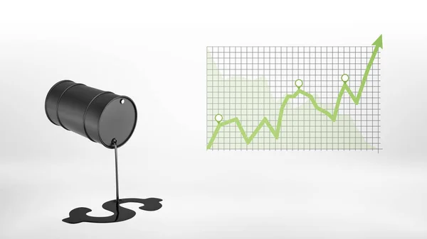 3D візуалізація чорної ствола витікає нафти, щоб зробити знак долара, що висить поруч з діаграмою з зеленою позитивною статистичною стрілкою . — стокове фото