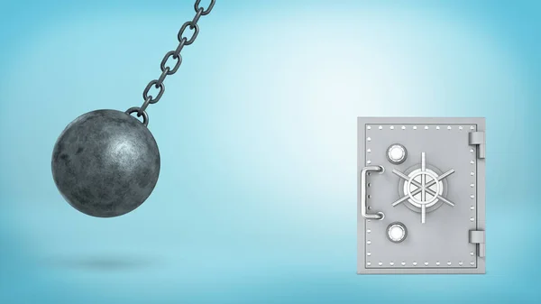 3D renderowania dużych wrecking Ball, kołysząc się w niebezpieczne bliskość srebrny sejf staromodny i zawiesza się w wielu sztuk — Zdjęcie stockowe