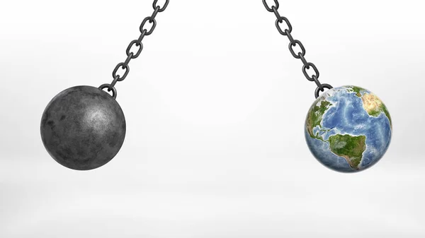 3d rendering of wrecking ball and an Earth globe swinging together on iron chains away from each other. — Stock Photo, Image