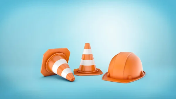 3D-Rendering von zwei gestreiften Strassenkegeln und Helm auf blauem Hintergrund. — Stockfoto