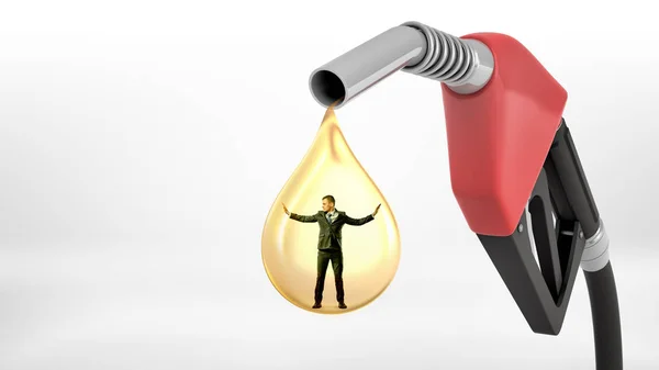 A large red gas nozzle leaking a giant yellow oil drop with a tiny businessman standing inside it. — Stock Photo, Image