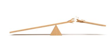 3d rendering of a triangle seesaw made of light wood with a broken plank on white background. clipart