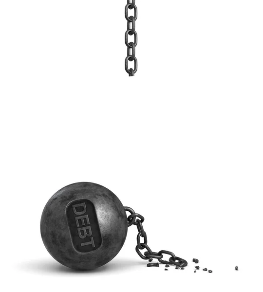 3D visszaadás-ból egy törött lánc, amit hozzászokott ragaszkodik egy nagy vas rombolás labdát, betűkkel adósság rajta. — Stock Fotó