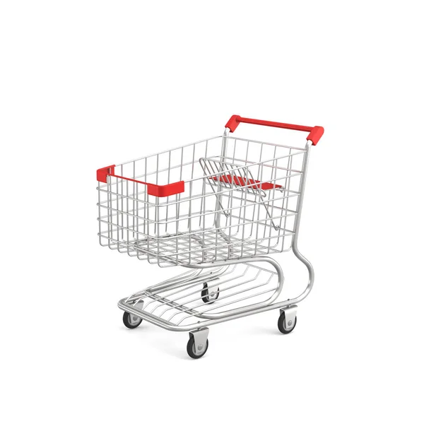 3D renderização de um carrinho de compras com uma alça vermelha isolada no fundo branco . — Fotografia de Stock