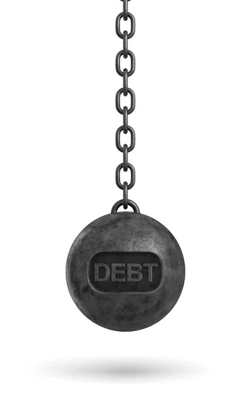 3D-weergave van een zware zwarte wrecking ball met een woord schuld op zijn lichaam hangend aan een ketting. — Stockfoto