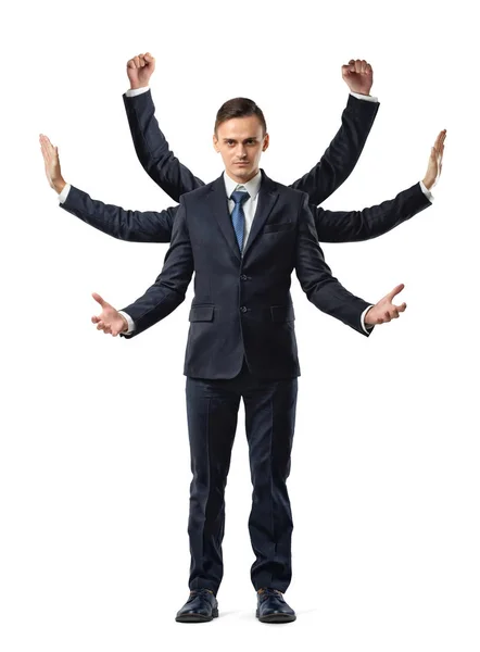 A businessman with six arms making fists, stopping and welcoming motions. — Stock Photo, Image