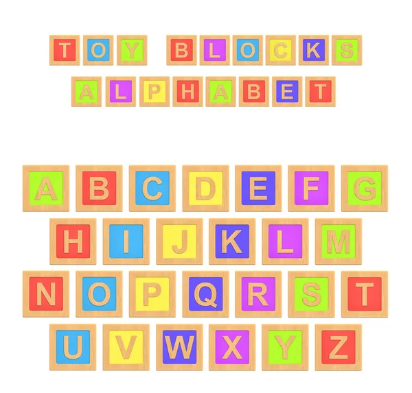 3d representación de un alfabeto colorido con una escritura Bloques de juguete Alfabeto por encima de todas las letras . —  Fotos de Stock