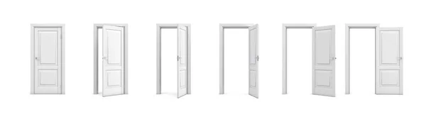 3D rendering σύνολο άσπρο ξύλινες πόρτες σε διαφορετικά στάδια του ανοίγματος. — Φωτογραφία Αρχείου