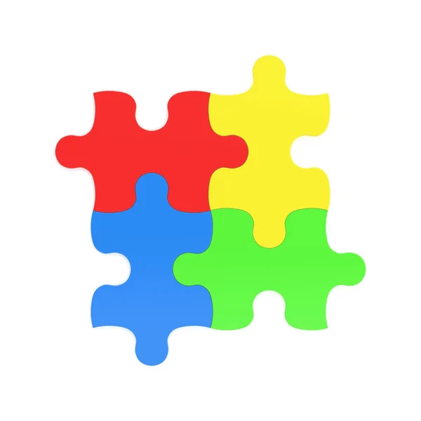 3d rendering of four multicolored puzzle pieces interconnected on white background. — Stock Photo, Image