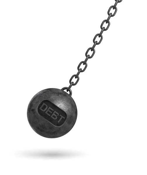 3d rendering of a large wrecking ball with a lettering DEBT swinging on a chain on white background. — Stock Photo, Image