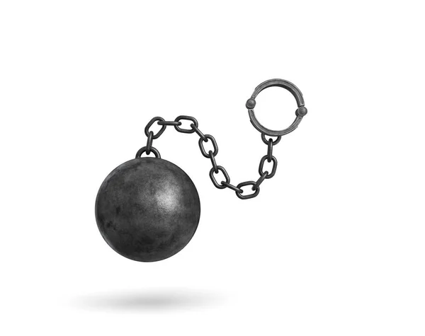 3D-Darstellung einer schwarzen Eisenkugel und Kette mit Manschette auf weißem Hintergrund. — Stockfoto