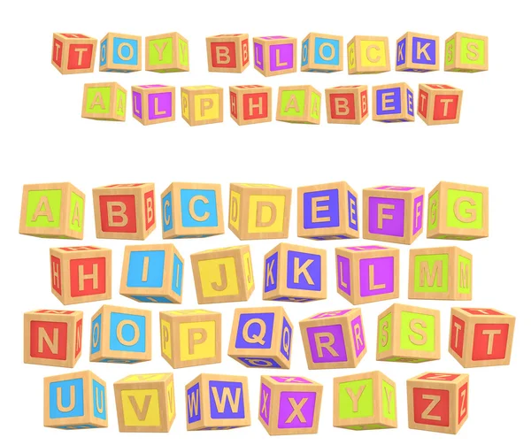 Τρισδιάστατη απεικόνιση του ένα πολύχρωμο αλφάβητο με μια γραφή παιχνίδι μπλοκ αλφάβητο πάνω από όλα τα γράμματα. — Φωτογραφία Αρχείου