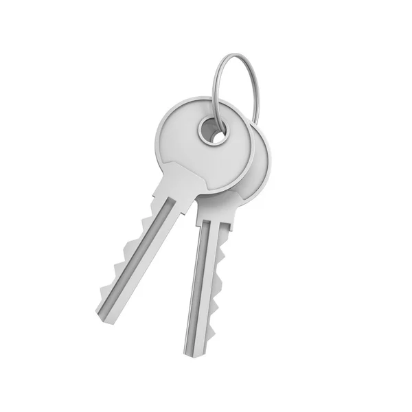 Rendering 3d di due chiavi d'argento isolate su un portachiavi — Foto Stock