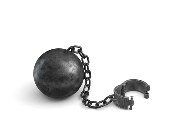 3D visszaadás-ból egy nagy fekete labda és lánc csatlakozik egy nyitott mandzsetta fehér alapon fekvő. — Stock Fotó