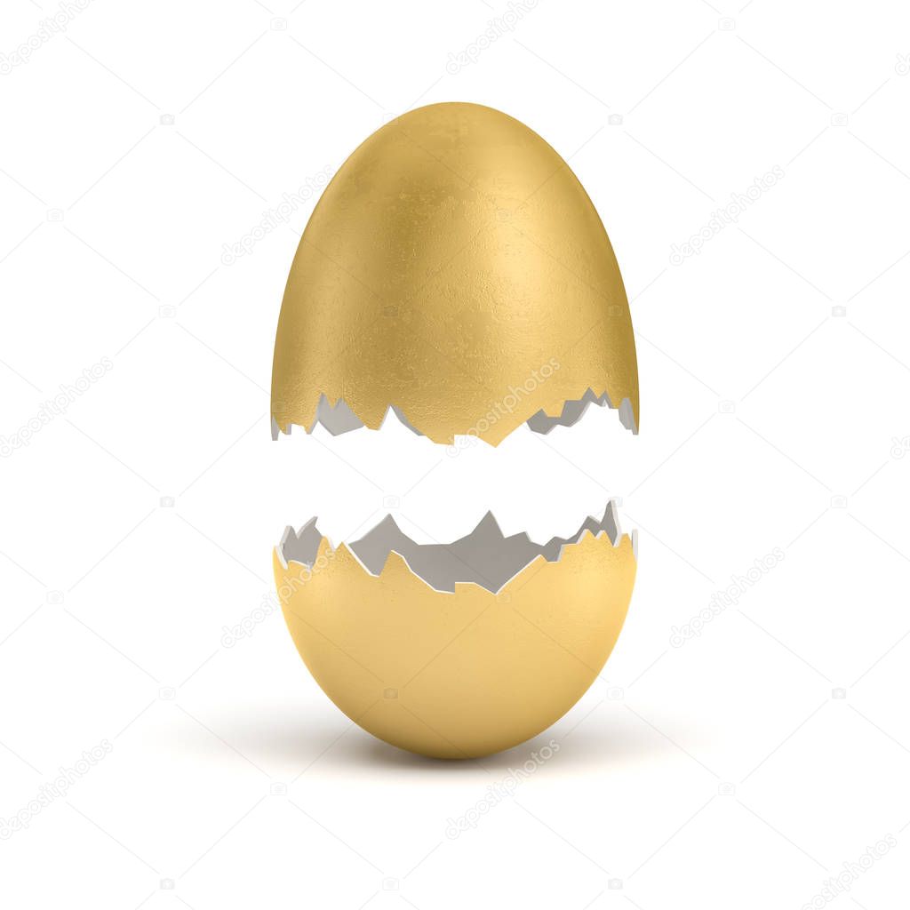 3d rendering of a large golden egg broken in half at the middle with both parts hanging above each other.