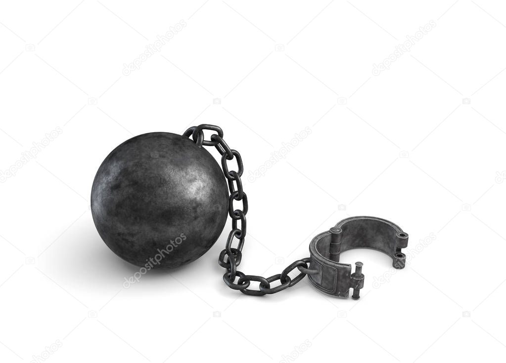 3d rendering of a large black ball and chain connected to an open cuff lying on white background.