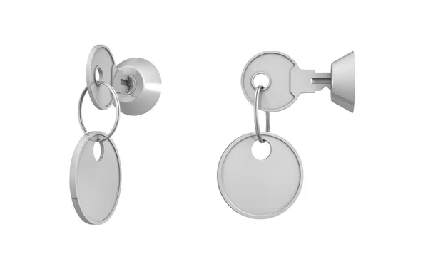 3D renderização de chaves com etiquetas em branco anexado dentro de suas fechaduras em fundo branco . — Fotografia de Stock
