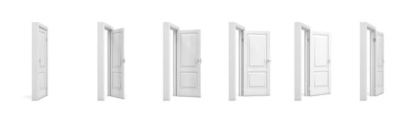 3d conjunto de renderização de portas de madeira branca em diferentes estágios de abertura . — Fotografia de Stock
