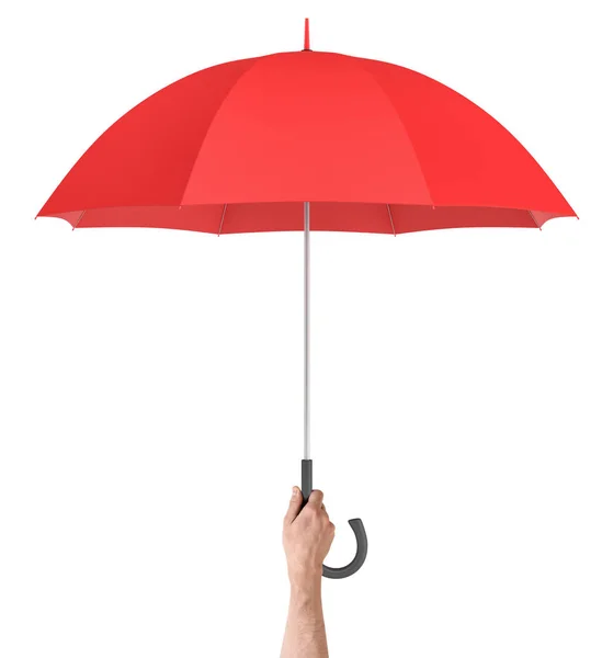 Мужская рука держит большой классический красный зонтик с открытым навесом и черной изогнутой ручкой . — стоковое фото