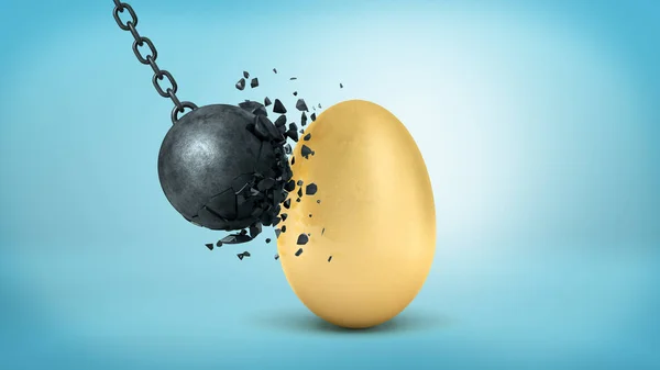 Una palla nera che oscilla si rompe allo scontro con un uovo d'oro intatto gigante . — Foto Stock