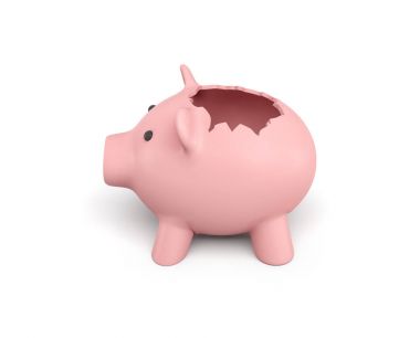 bir pembe seramik kumbara beyaz arka plan üzerinde kırık bir top ile 3D render.