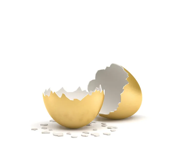 3d rendering of a cracked golden egg with its two pieces lying beside each other on white background. — Stock Photo, Image
