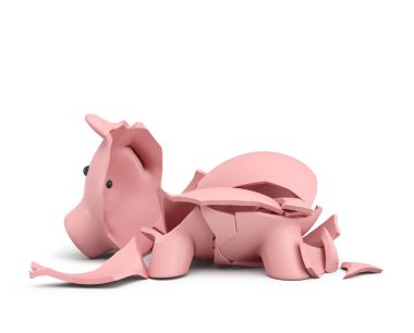 bir pembe seramik tamamen birkaç büyük parçalar halinde kırılmış kumbara 3D render.