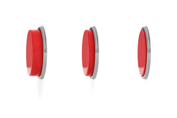 3d renderização de um conjunto de três botões redondos vermelhos em diferentes estágios de ser empurrado para baixo . — Fotografia de Stock