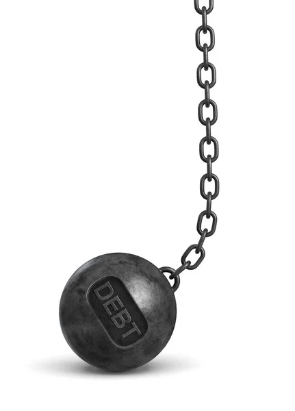 3d rendering of a heavy black wrecking ball with a word DEBT on its body hanging on a chain. — Stock Photo, Image