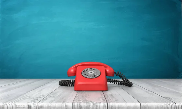 3D vykreslování jasně červené vytočit telefon stojící na dřevěný stůl a pozadí modré zdi. — Stock fotografie