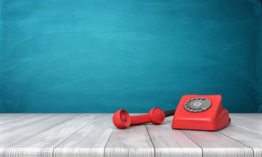 parlak kırmızı 3D render arama telefon ayakta ahşap bir masa ve bir mavi duvar arka plan.
