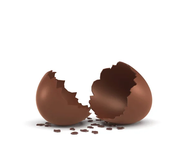 3d rendering of a hollow chocolate egg cracked in half on white background. — Stock Photo, Image