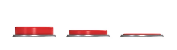 Representación 3d de un conjunto de tres botones redondos rojos en diferentes etapas de ser empujado hacia abajo . — Foto de Stock