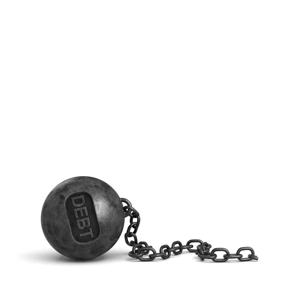3D visszaadás-ból egy törött lánc, amit hozzászokott ragaszkodik egy nagy vas rombolás labdát, betűkkel adósság rajta. — Stock Fotó