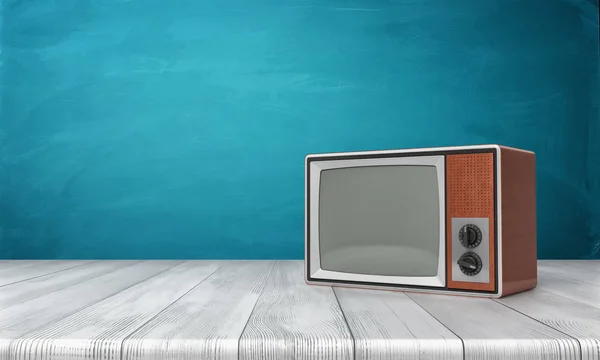 3d renderização de um grande velho estilo CRT TV set em uma moldura marrom de pé em uma mesa de madeira . — Fotografia de Stock