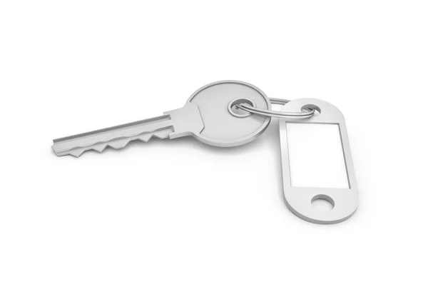 3d rendering of a single silver key with label isolated on white background — Stock Photo, Image