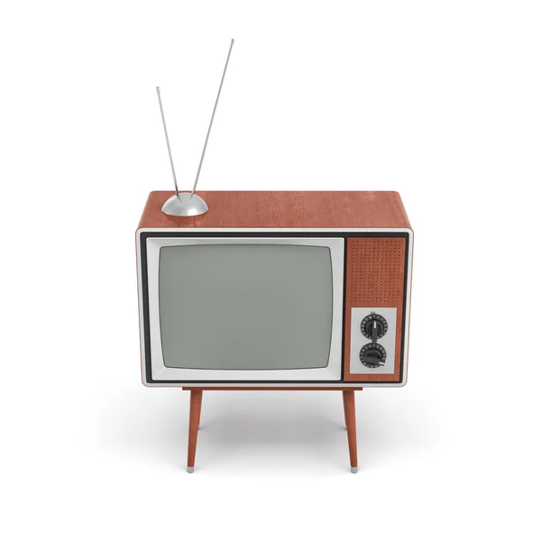 3D renderização de um conjunto de TV retro em branco com uma antena fica em uma mesa de quatro patas baixa no fundo branco . — Fotografia de Stock