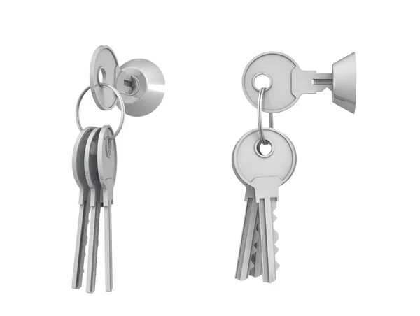 3d rendering of keylocks with keys in side view and 45 degrees view with one key hanging below — Stock Photo, Image