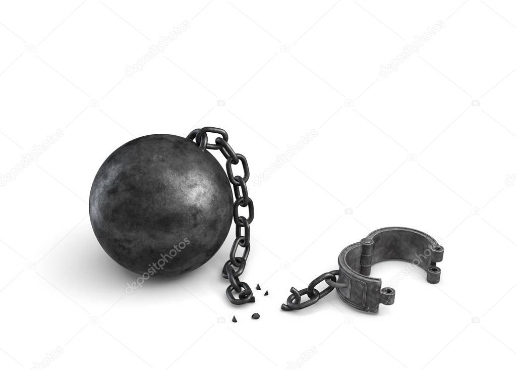 3d rendering of an isolated ball and chain lying broken near a leg shackle.