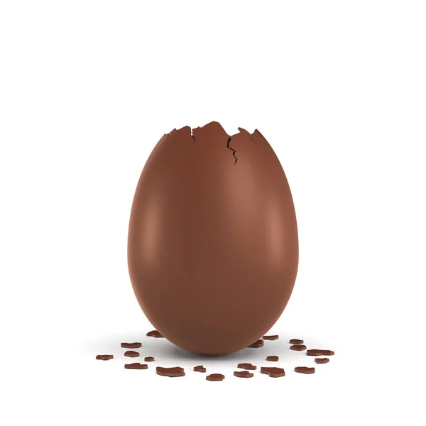 Rendering 3d di un uovo di cioccolato cavo con un piano a punta rotto e piccoli pezzi del guscio disteso su sfondo bianco . — Foto Stock