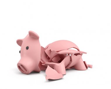 3d rendering of a pink ceramic piggy bank completely broken up into several large pieces. clipart